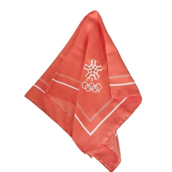 Vintage Official Calgary 1988 Olympic Games Square Scarf Orange & White - Picture 3 of 6